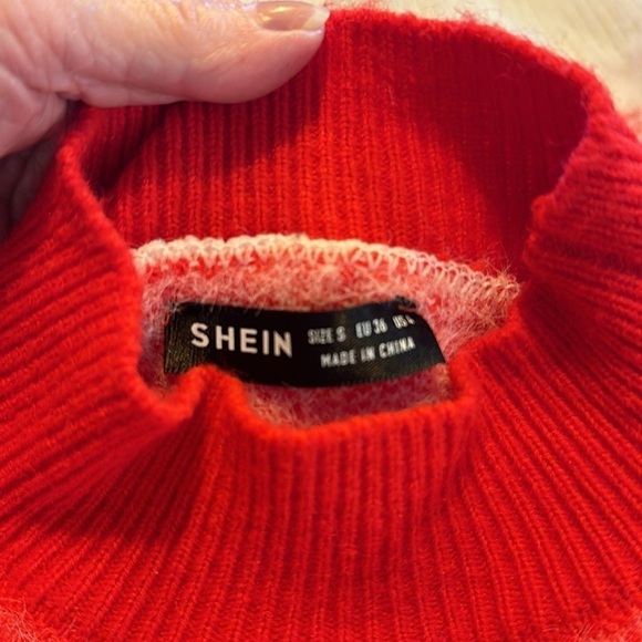 Red and White Snowflakes Eyelash Yarn High Crewneck Super Soft Pullover Sweater - Picture 10 of 11